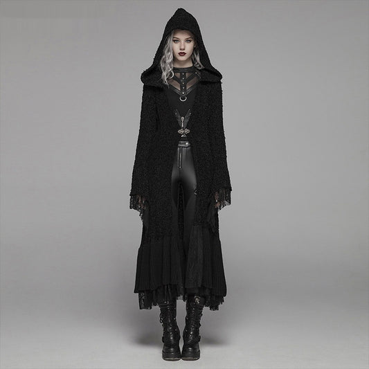 Cardigan Suéter Steampunk Ajustado con Capucha y Detalles de Encaje