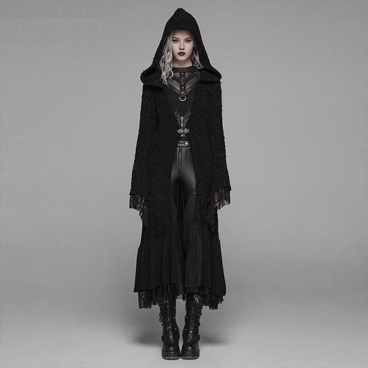 Cardigan Suéter Steampunk Ajustado con Capucha y Detalles de Encaje