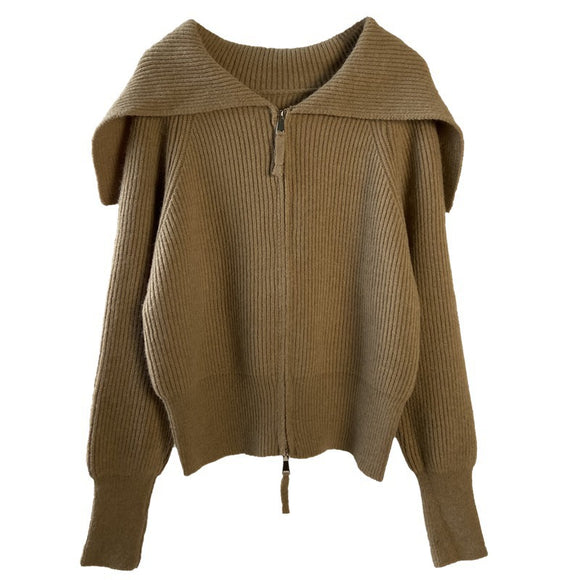 Cardigan Tejido con Cierre de Cremallera y Solapa - Blusa Larga Elegante para Mujer