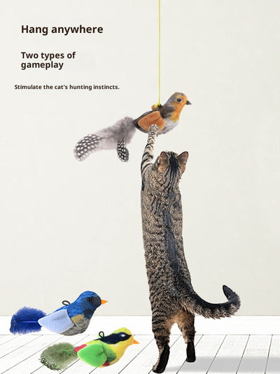Plush bird cat toy with orange chest, brown body, and real speckled feathers, includes a yellow hanging rope. - Image 19