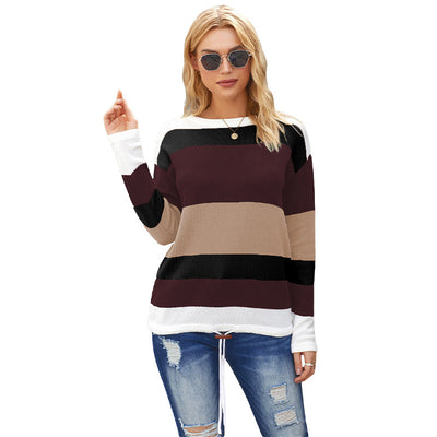 Suéter Mujer Otoño Invierno Rayas Contraste Cuello Redondo - Image 10