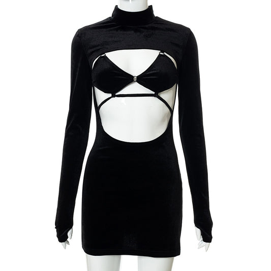 Vestido Corto Terciopelo Negro con Encaje Calado y Cordones - Image 2