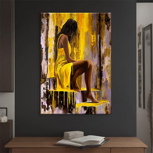 Cuadro Óleo Moderno Pintado a Mano - Chica en Vestido Amarillo para Sala y Dormitorio