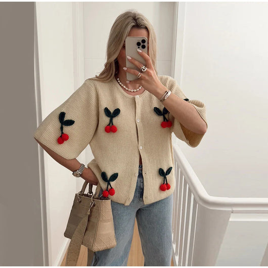 Cardigan Tejido Floral 3D Cuello Redondo Manga Corta - Image 16