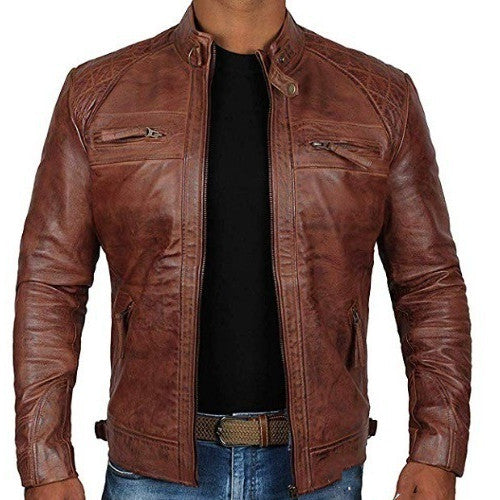 Chaqueta de Cuero para Hombre Estilo Europeo Americano con Cuello Alzado - Image 10