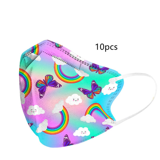 Children's disposable face mask with a colorful rainbow, butterfly, and cloud pattern, shown in a pack of 10. - Image 6