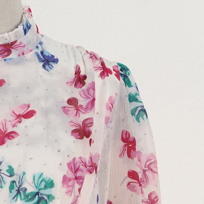 Vestido Estampado con Cuello Mao y Mangas Globo Plisadas - Image 4