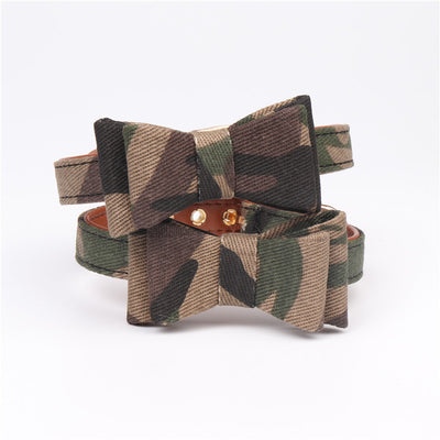 Two pet collars with blue, white, and tan camouflage bowknots and brown lining on a white background. - Image 4
