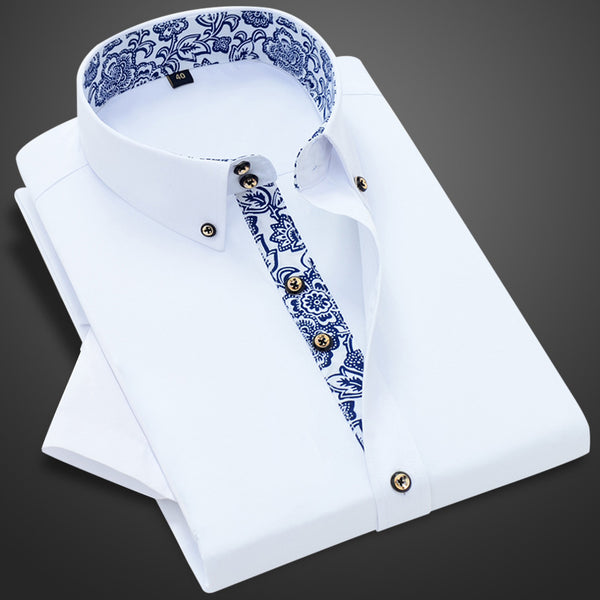 Camisa Business Casual de Manga Larga con Cuello Porcelana Azul y Blanco para Hombre