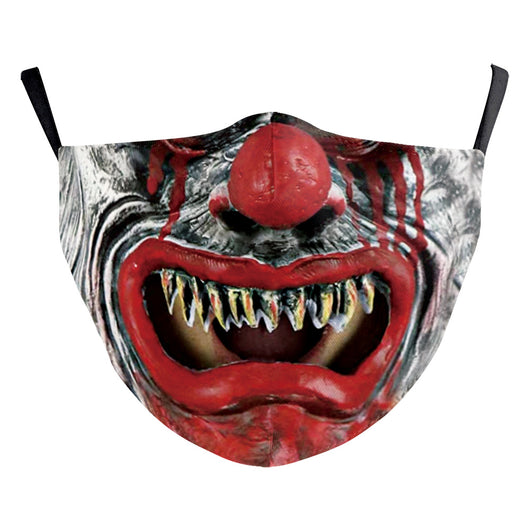Green and yellow digital print Halloween dust mask with a grotesque, tree-like face design and black ear loops. - Image 9
