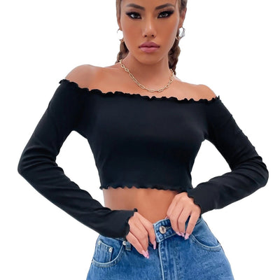 Blusa Crop Hombro Descubierto de Punto Manga Larga para Mujer - Image 5