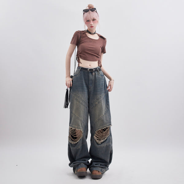 Pantalones Rectos Sueltos Rotos Estilo Retro para Mujer