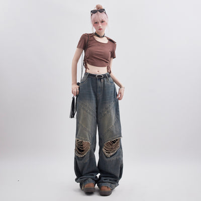 Pantalones Rectos Sueltos Rotos Estilo Retro para Mujer