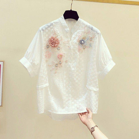 Blusa de Algodón con Cuello Bordado Floral Retro para Mujer - Image 8
