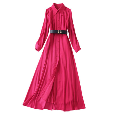 Vestido Largo Elegante con Cuello Camisero y Manga Tres Cuartos - Image 11