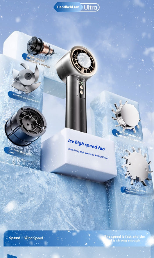 Obsidian black handheld fan with gold accents, digital display, and semiconductor ice cooling for high-speed cool air. - Image 18