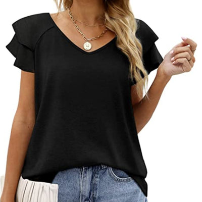 Blusa Cuello V Doble Capa Hoja de Loto Manga Corta para Dama - Image 8