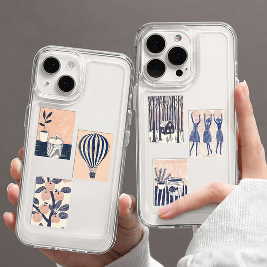 55 portable abstract art stickers in a cute cartoon style, featuring animals, objects, and scenes in pink, blue, and cream.