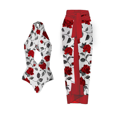 White one-piece swimsuit with red rose print and matching sarong skirt with red tie waist. - Image 14