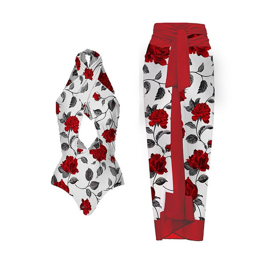 White one-piece swimsuit with red rose print and matching sarong skirt with red tie waist. - Image 14