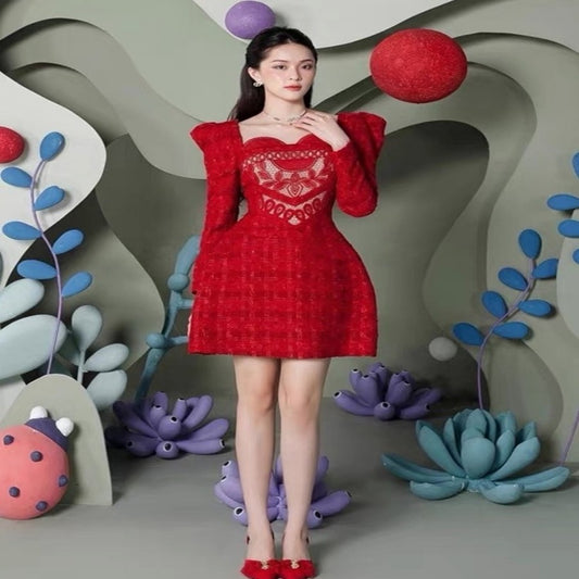 Vestido Rojo Elegante con Mangas Abullonadas para Fiestas y Año Nuevo