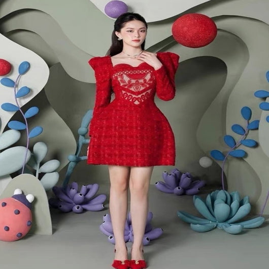 Vestido Rojo Elegante con Mangas Abullonadas para Fiestas y Año Nuevo