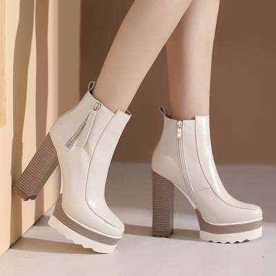 Botas Tobilleras de Cuero con Plataforma y Tacón Grueso