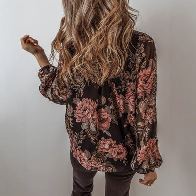 Blusa Floral de Chifón con Escote en V y Mangas Largas para Mujer - Image 3