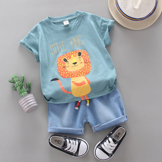 Conjunto de Camiseta Manga Corta Cuello Redondo Estampado León Cartoon para Niño - Image 7