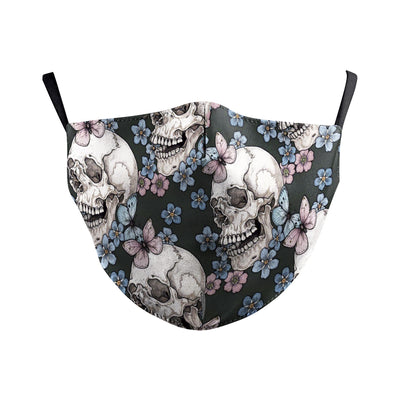 Dark green dust mask with a pattern of white skulls, blue flowers, and pink butterflies, featuring black ear loops. - Image 17