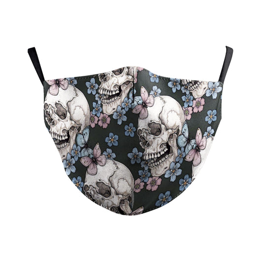 Dark green dust mask with a pattern of white skulls, blue flowers, and pink butterflies, featuring black ear loops. - Image 17