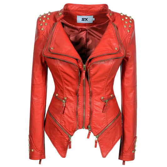Chaqueta de Cuero Motociclista Ajustada con Remaches para Mujer - Image 2