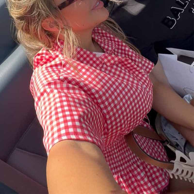Conjunto de Camisa y Shorts a Cuadros Rojo y Blanco - Image 3