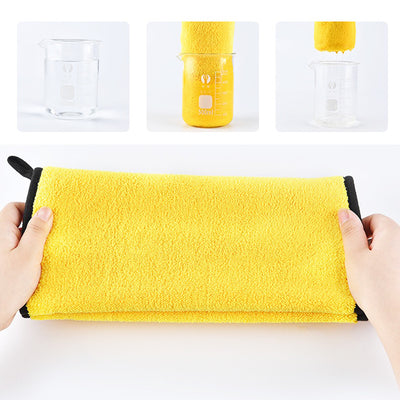 Yellow microfiber pet drying towel with black trim draped over a bathtub, with a golden retriever, poodle, and cat. - Image 13