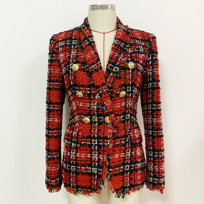 Blazer Tweed Cuadros Doble Botonadura con Cuello Flequeado - Image 7