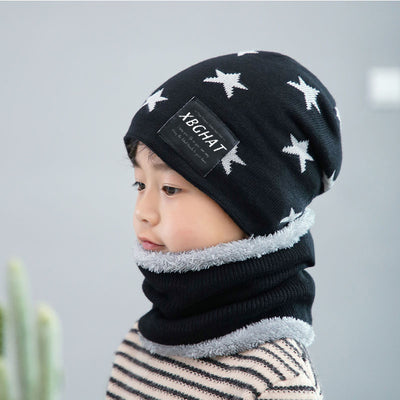 Brown knitted beanie with white five-pointed stars and a matching fleece-lined neck warmer on a man. - Image 11
