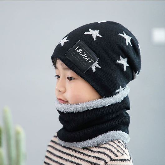 Brown knitted beanie with white five-pointed stars and a matching fleece-lined neck warmer on a man. - Image 11