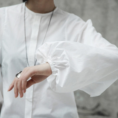 Blusa Blanca con Cuello de Pie y Mangas Globo - Primavera y Otoño - Image 11