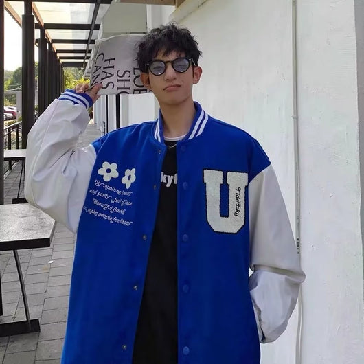 Chaqueta Oversize Estilo Japonés Azul para Hombre - Jacket Baseball Trendy Workwear - Image 2