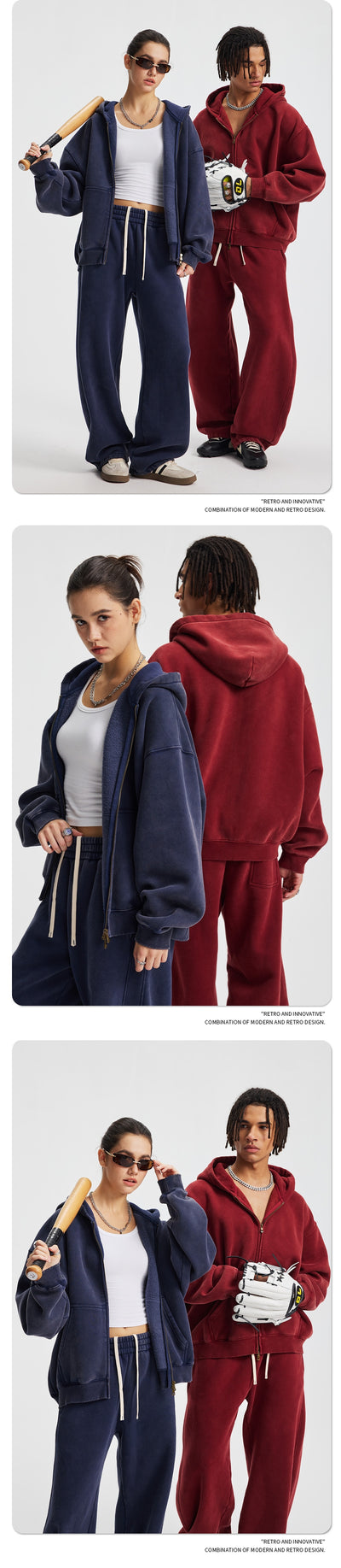 Men's pink washed full-zip hooded jacket and matching sweatpants set, featuring a relaxed fit and drawstring details. - Image 24