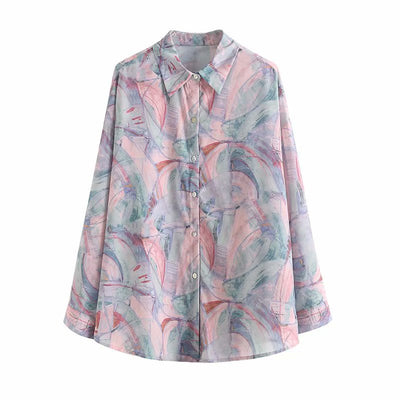 Camisa Suelta Protección Solar Azul Hielo Otoño con Estampado Artístico para Mujer - Image 11