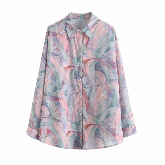 Camisa Suelta Protección Solar Azul Hielo Otoño con Estampado Artístico para Mujer - Image 11