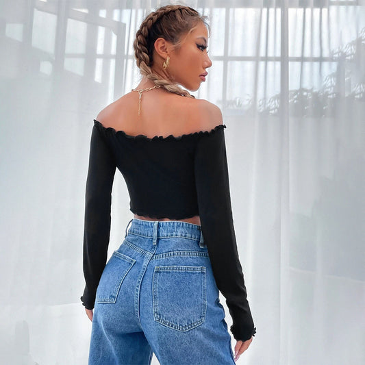 Blusa Crop Hombro Descubierto de Punto Manga Larga para Mujer - Image 2