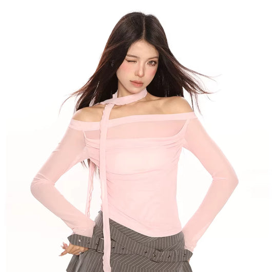 Blusa Elegante Hombros Descubiertos con Pliegues y Pañoleta