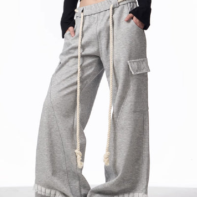 Pantalones de Chándal Gris Cintura Ajustable con Bolsillos Múltiples para Mujer