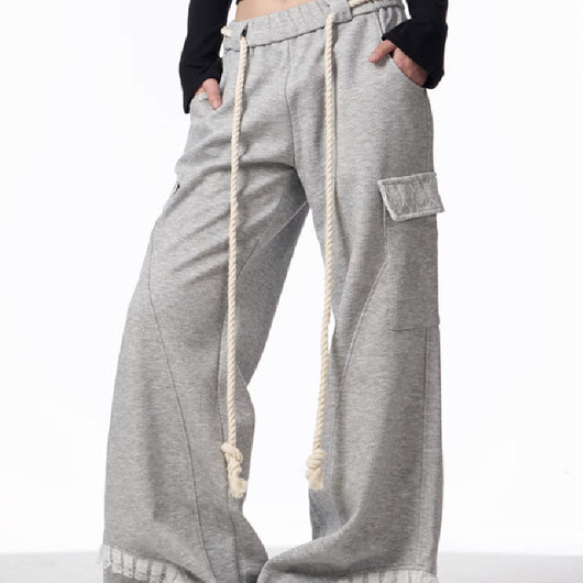 Pantalones de Chándal Gris Cintura Ajustable con Bolsillos Múltiples para Mujer