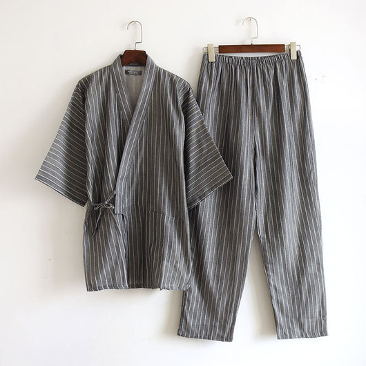 Pijama Doble Capa de Algodón a Rayas con Cordones Estilo Japonés - Image 7