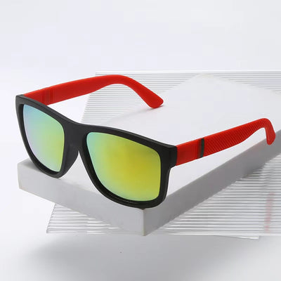 Men's grey plastic frame driving sunglasses with dark polarized lenses and red and black stripe detail on temples. - Image 12