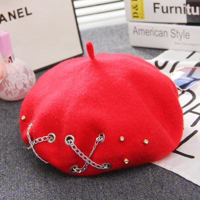 Boina Retro Británica de Lana con Cadena Cruzada para Mujer - Otoño e Invierno - Image 5