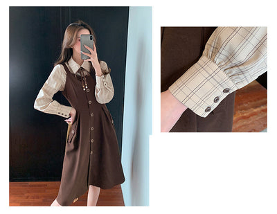 Conjunto de Dos Piezas: Vestido Camisero Cuadriculado Manga Larga Ajustado - Image 13